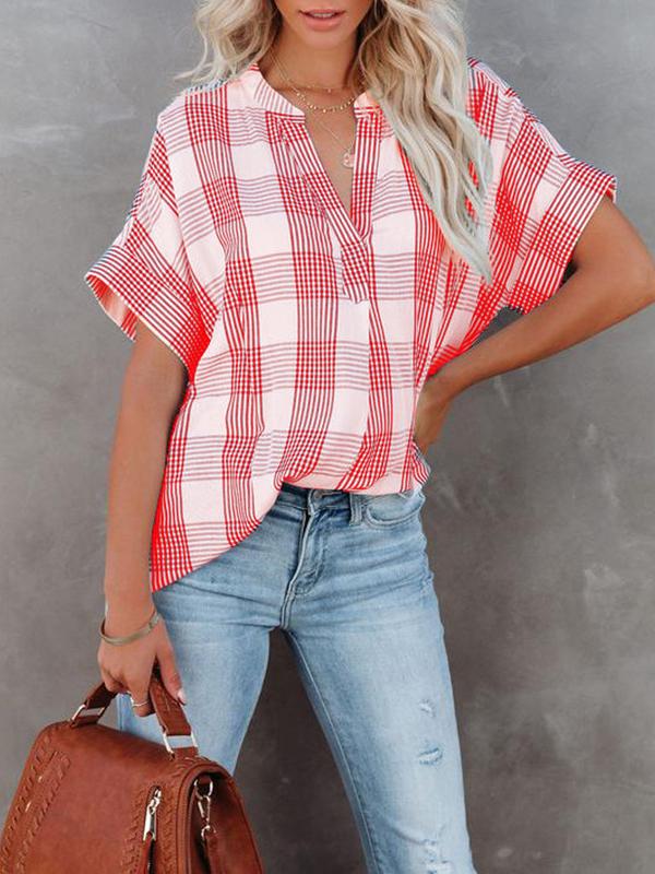 Women's Blouses V-Neck Plaid Short Sleeve Blouse - Blouses - INS | Online Fashion Free Shipping Clothing, Dresses, Tops, Shoes - 10/11/2021 - 20-30 - BLO2111111420