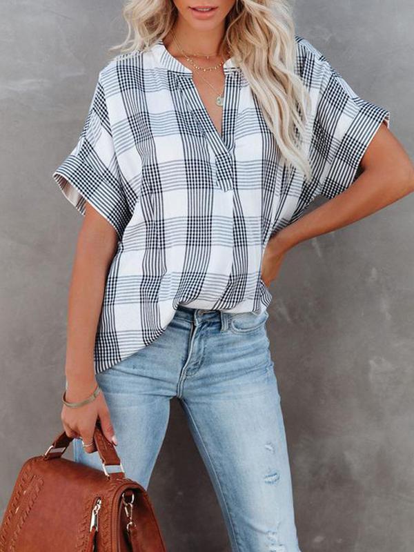 Women's Blouses V-Neck Plaid Short Sleeve Blouse - Blouses - INS | Online Fashion Free Shipping Clothing, Dresses, Tops, Shoes - 10/11/2021 - 20-30 - BLO2111111420