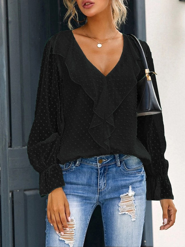 Women's Blouses V-Neck Ruffle Lantern Sleeve Commuter Chiffon Blouses - Blouses - INS | Online Fashion Free Shipping Clothing, Dresses, Tops, Shoes - 20-30 - 24/08/2021 - BLO2108251316