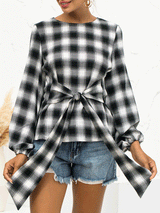 Women's Blouses Vintage Plaid Belted Long Sleeve Blouse - Blouses - INS | Online Fashion Free Shipping Clothing, Dresses, Tops, Shoes - 20-30 - 20/11/2021 - BLO2111201445