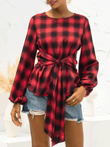 Women's Blouses Vintage Plaid Belted Long Sleeve Blouse - Blouses - INS | Online Fashion Free Shipping Clothing, Dresses, Tops, Shoes - 20-30 - 20/11/2021 - BLO2111201445