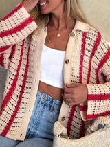 Women's Cardigans Lapel Striped Button Hollow Knit Cardigan - Cardigans & Sweaters - INS | Online Fashion Free Shipping Clothing, Dresses, Tops, Shoes - 19/11/2021 - 30-40 - CAR2111201190