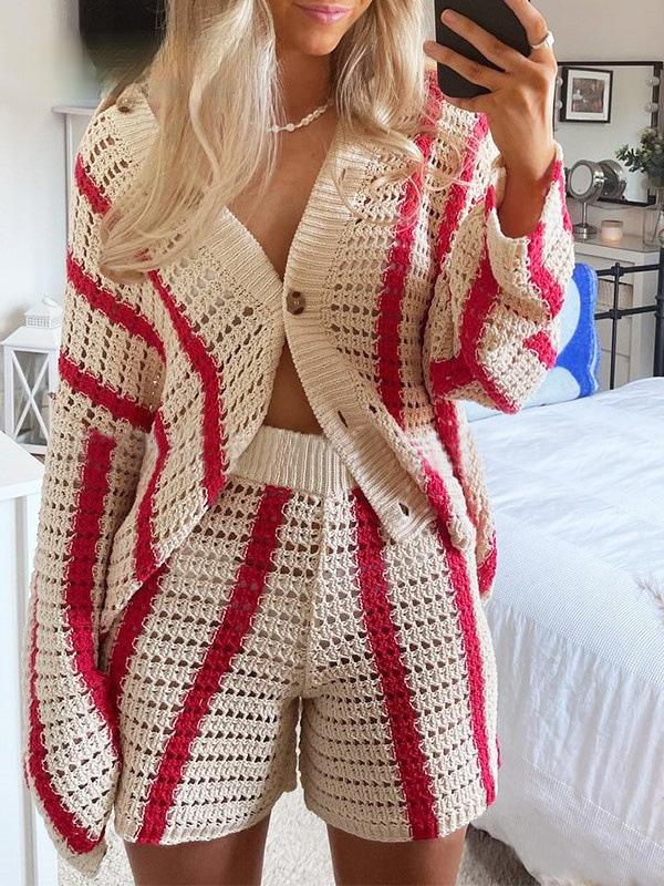Women's Cardigans Lapel Striped Button Hollow Knit Cardigan - Cardigans & Sweaters - INS | Online Fashion Free Shipping Clothing, Dresses, Tops, Shoes - 19/11/2021 - 30-40 - CAR2111201190