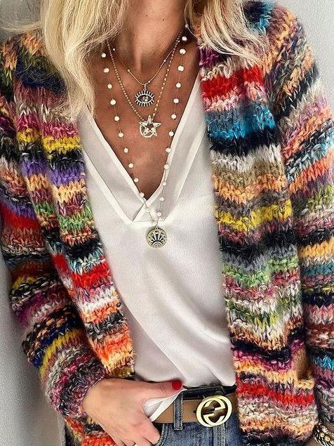 Women's Cardigans Printed Multicolor Striped Commuter Slim Cardigan - Cardigans & Sweaters - INS | Online Fashion Free Shipping Clothing, Dresses, Tops, Shoes - 20-30 - 31/08/2021 - CAR2109011122