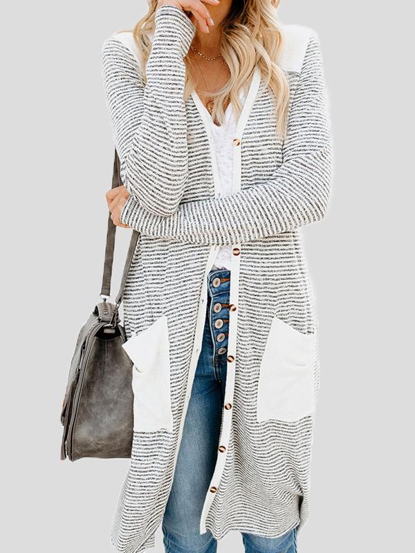 Women's Cardigans Striped Pocket Button Mid-Length Knitted Cardigan - Cardigans & Sweaters - INS | Online Fashion Free Shipping Clothing, Dresses, Tops, Shoes - 20-30 - 24/09/2021 - CAR2109241132