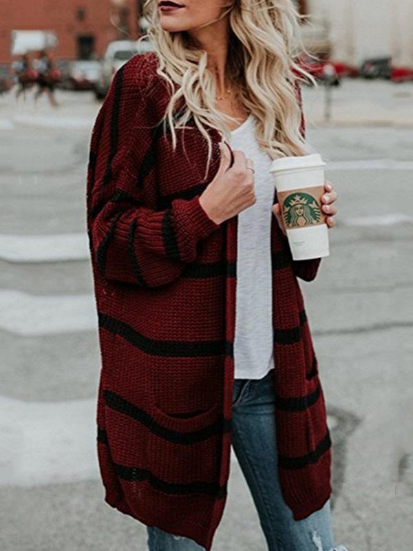 Women's Cardigans Striped Pocket Mid-Length Knitted Cardigan - Cardigans & Sweaters - INS | Online Fashion Free Shipping Clothing, Dresses, Tops, Shoes - 15/09/2021 - 20-30 - CAR2109151130