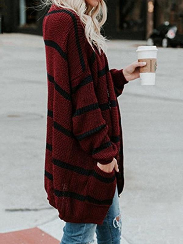 Women's Cardigans Striped Pocket Mid-Length Knitted Cardigan - Cardigans & Sweaters - INS | Online Fashion Free Shipping Clothing, Dresses, Tops, Shoes - 15/09/2021 - 20-30 - CAR2109151130