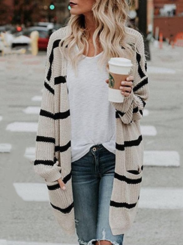 Women's Cardigans Striped Pocket Mid-Length Knitted Cardigan - Cardigans & Sweaters - INS | Online Fashion Free Shipping Clothing, Dresses, Tops, Shoes - 15/09/2021 - 20-30 - CAR2109151130