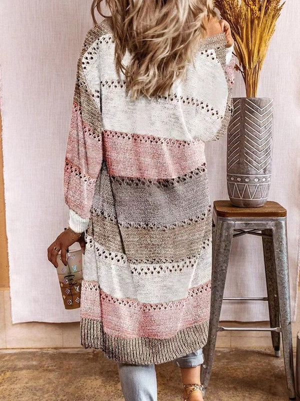 Women's Cardigans Striped Printed Hollow Long Cardigan Sweater - Cardigans & Sweaters - INS | Online Fashion Free Shipping Clothing, Dresses, Tops, Shoes - 08/09/2021 - 30-40 - CAR2109091124