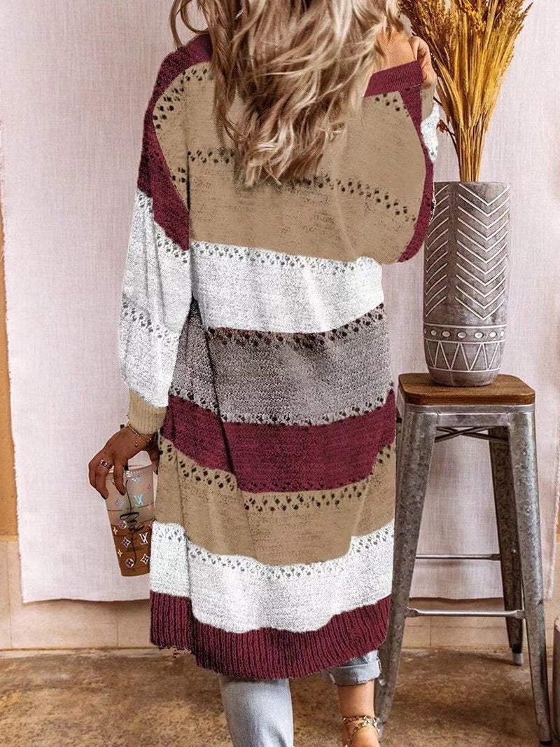 Women's Cardigans Striped Printed Hollow Long Cardigan Sweater - Cardigans & Sweaters - INS | Online Fashion Free Shipping Clothing, Dresses, Tops, Shoes - 08/09/2021 - 30-40 - CAR2109091124