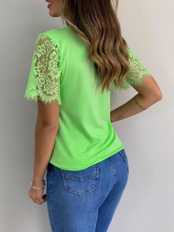 Womens Casual V Neck Short Lace Sleeve T Shirts - T-shirt - INS | Online Fashion Free Shipping Clothing, Dresses, Tops, Shoes - 12/05/2021 - 120521 - Color_Black
