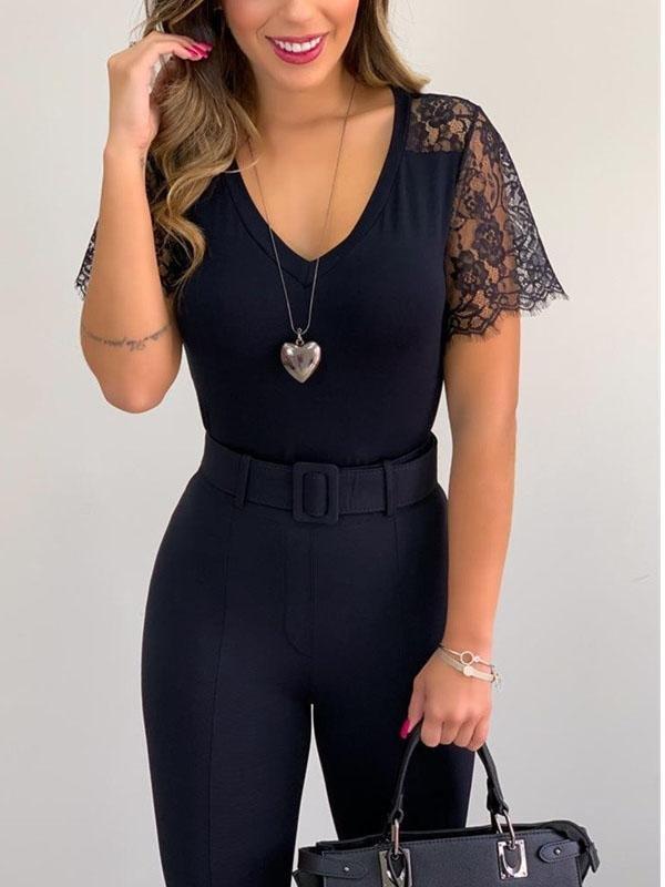 Womens Casual V Neck Short Lace Sleeve T Shirts - T-shirt - INS | Online Fashion Free Shipping Clothing, Dresses, Tops, Shoes - 12/05/2021 - 120521 - Color_Black