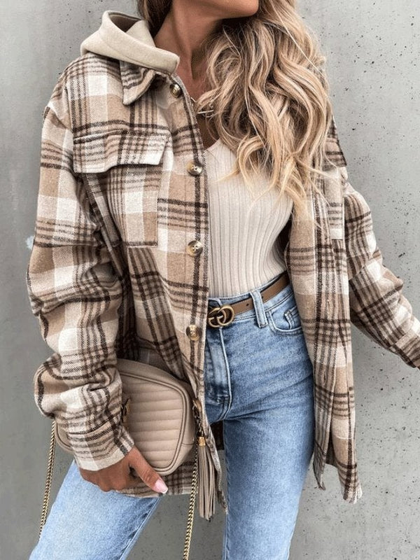 Women's Coats Check Loose Long Sleeve Hooded Shirt Coat - Coats & Jackets - INS | Online Fashion Free Shipping Clothing, Dresses, Tops, Shoes - 13/10/2021 - 30-40 - COA2110131213