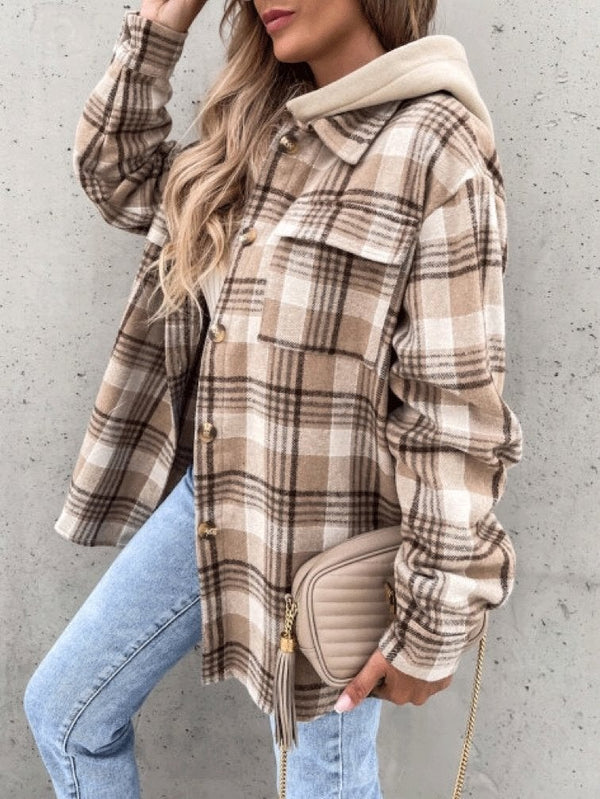 Women's Coats Check Loose Long Sleeve Hooded Shirt Coat - Coats & Jackets - INS | Online Fashion Free Shipping Clothing, Dresses, Tops, Shoes - 13/10/2021 - 30-40 - COA2110131213