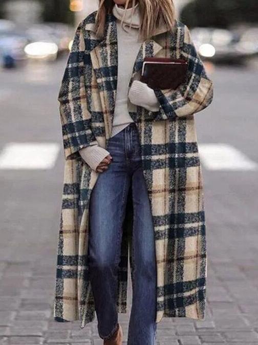 Women's Coats Check Print Lapel Long Woolen Coat - Coats & Jackets - INS | Online Fashion Free Shipping Clothing, Dresses, Tops, Shoes - 19/10/2021 - Coats & Jackets - color-multi