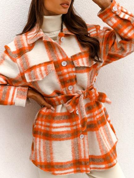 Women's Coats Checked Belted Two-Tone Pocket Button Woolen Coat - Coats & Jackets - INS | Online Fashion Free Shipping Clothing, Dresses, Tops, Shoes - 28/10/2021 - 30-40 - COA2110281265