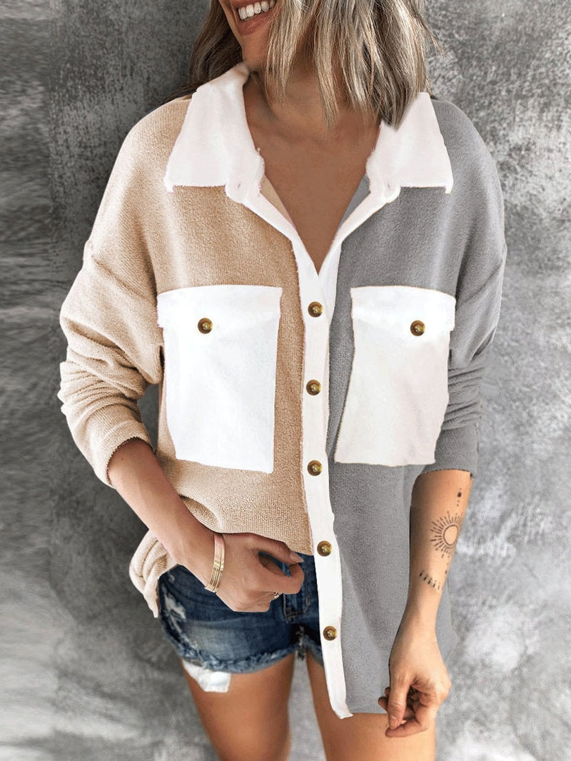 Women's Coats Contrast Button Pocket Long Sleeve Shirt Coat - Coats & Jackets - INS | Online Fashion Free Shipping Clothing, Dresses, Tops, Shoes - 09/11/2021 - 30-40 - COA2111091292