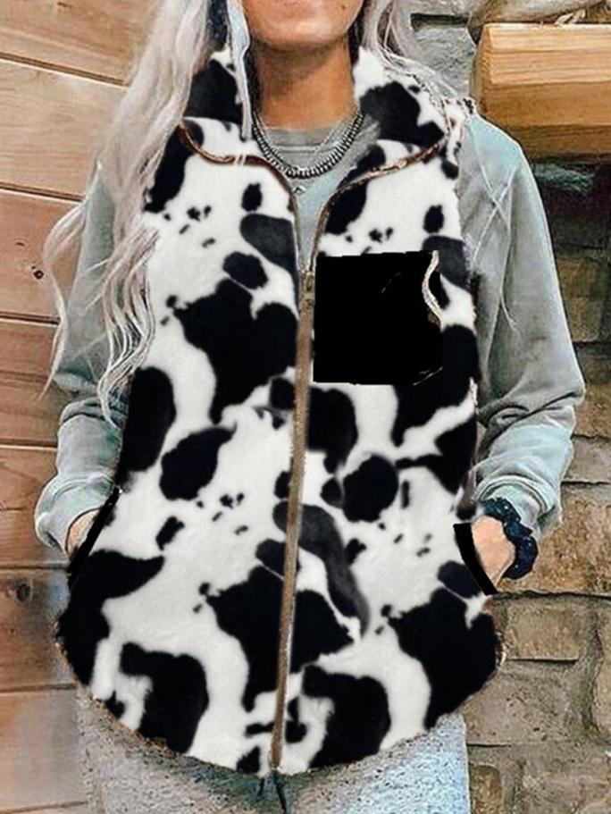 Women's Coats Cow Print Stand Collar Vest Plush Sleeveless Coat - Coats & Jackets - INS | Online Fashion Free Shipping Clothing, Dresses, Tops, Shoes - 02/11/2021 - 30-40 - COA2111021270