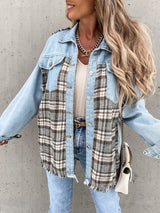 Women's Coats Denim Stitching Plaid Pocket Button Coat - Coats & Jackets - INS | Online Fashion Free Shipping Clothing, Dresses, Tops, Shoes - 27/09/2021 - COA2109271167 - Coats & Jackets