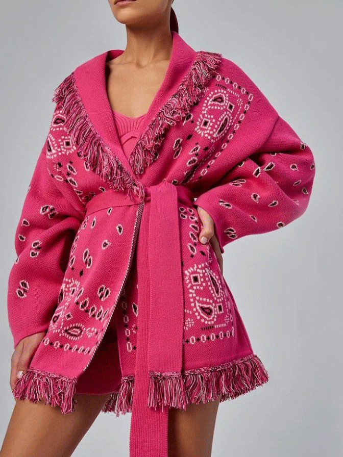 Women's Coats Fashion Printed Fringed Belt Sweater Cardigan Coat - Coats & Jackets - INS | Online Fashion Free Shipping Clothing, Dresses, Tops, Shoes - 29/09/2021 - Cardigans & Sweaters - COA2109291179