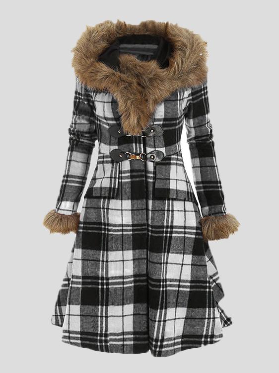 Women's Coats Hooded Fur And Alloy Button Plaid Woolen Mid-Length Coat - Coats & Jackets - INS | Online Fashion Free Shipping Clothing, Dresses, Tops, Shoes - 09/10/2021 - COA2110091200 - Coats & Jackets