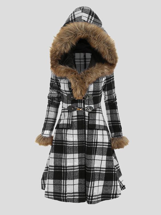 Women's Coats Hooded Fur And Alloy Button Plaid Woolen Mid-Length Coat - Coats & Jackets - INS | Online Fashion Free Shipping Clothing, Dresses, Tops, Shoes - 09/10/2021 - COA2110091200 - Coats & Jackets