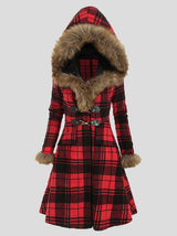 Women's Coats Hooded Fur And Alloy Button Plaid Woolen Mid-Length Coat - Coats & Jackets - INS | Online Fashion Free Shipping Clothing, Dresses, Tops, Shoes - 09/10/2021 - COA2110091200 - Coats & Jackets