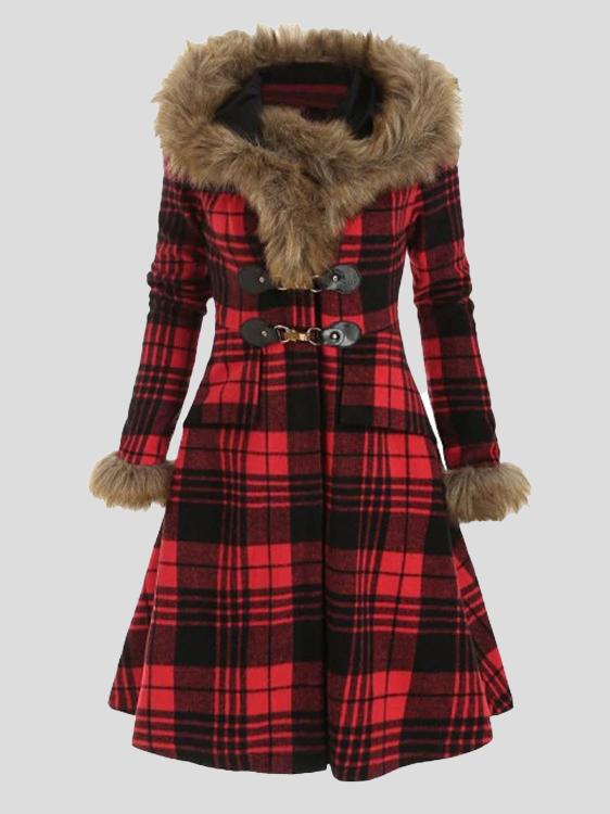 Women's Coats Hooded Fur And Alloy Button Plaid Woolen Mid-Length Coat - Coats & Jackets - INS | Online Fashion Free Shipping Clothing, Dresses, Tops, Shoes - 09/10/2021 - COA2110091200 - Coats & Jackets