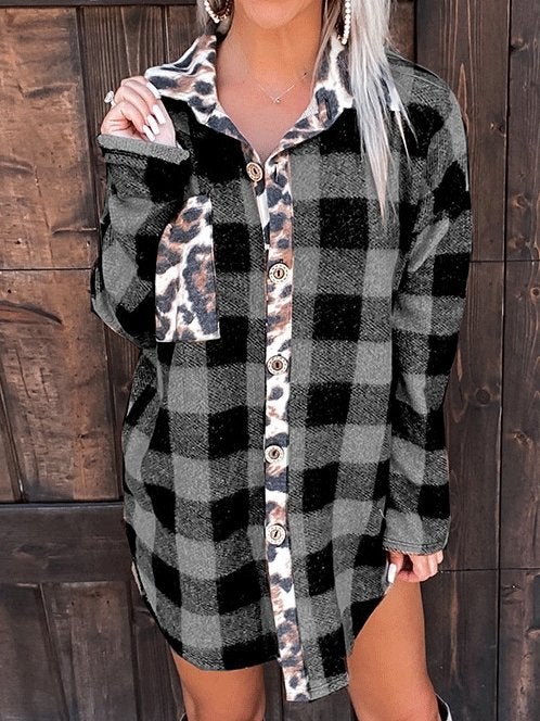 Women's Coats Houndstooth Leopard Print Contrast Plaid Long Sleeve Blouses - Blouses - INS | Online Fashion Free Shipping Clothing, Dresses, Tops, Shoes - 03/09/2021 - 20-30 - Category_Blouses