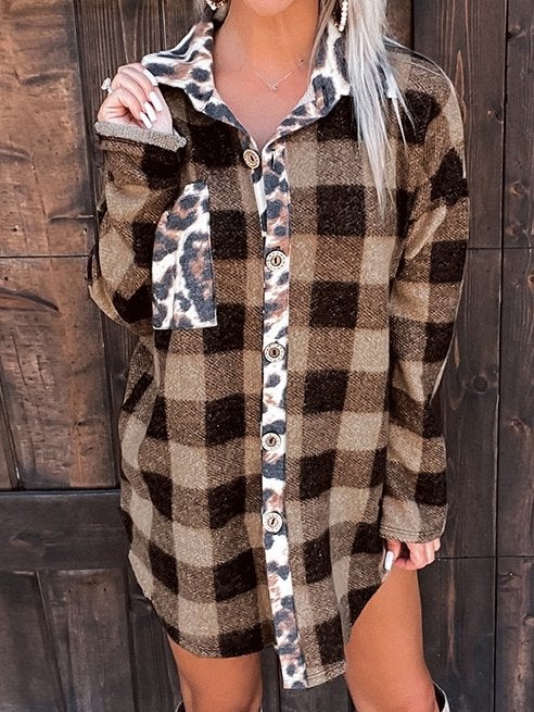 Women's Coats Houndstooth Leopard Print Contrast Plaid Long Sleeve Blouses - Blouses - INS | Online Fashion Free Shipping Clothing, Dresses, Tops, Shoes - 03/09/2021 - 20-30 - Category_Blouses