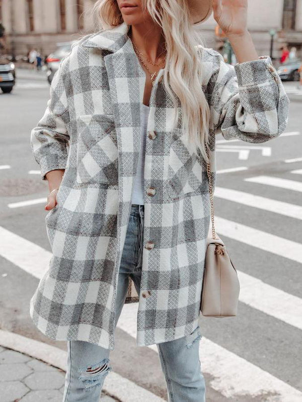 Women's Coats Lapel Check Button Pocket Long Coat - Coats & Jackets - INS | Online Fashion Free Shipping Clothing, Dresses, Tops, Shoes - 03/11/2021 - COA2111031274 - Coats & Jackets