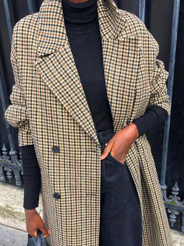 Women's Coats Lapel Check Long Sleeve Woolen Long Coat - Coats & Jackets - Instastyled | Online Fashion Free Shipping Clothing, Dresses, Tops, Shoes - 07/12/2021 - COA2112071345 - Coats & Jackets