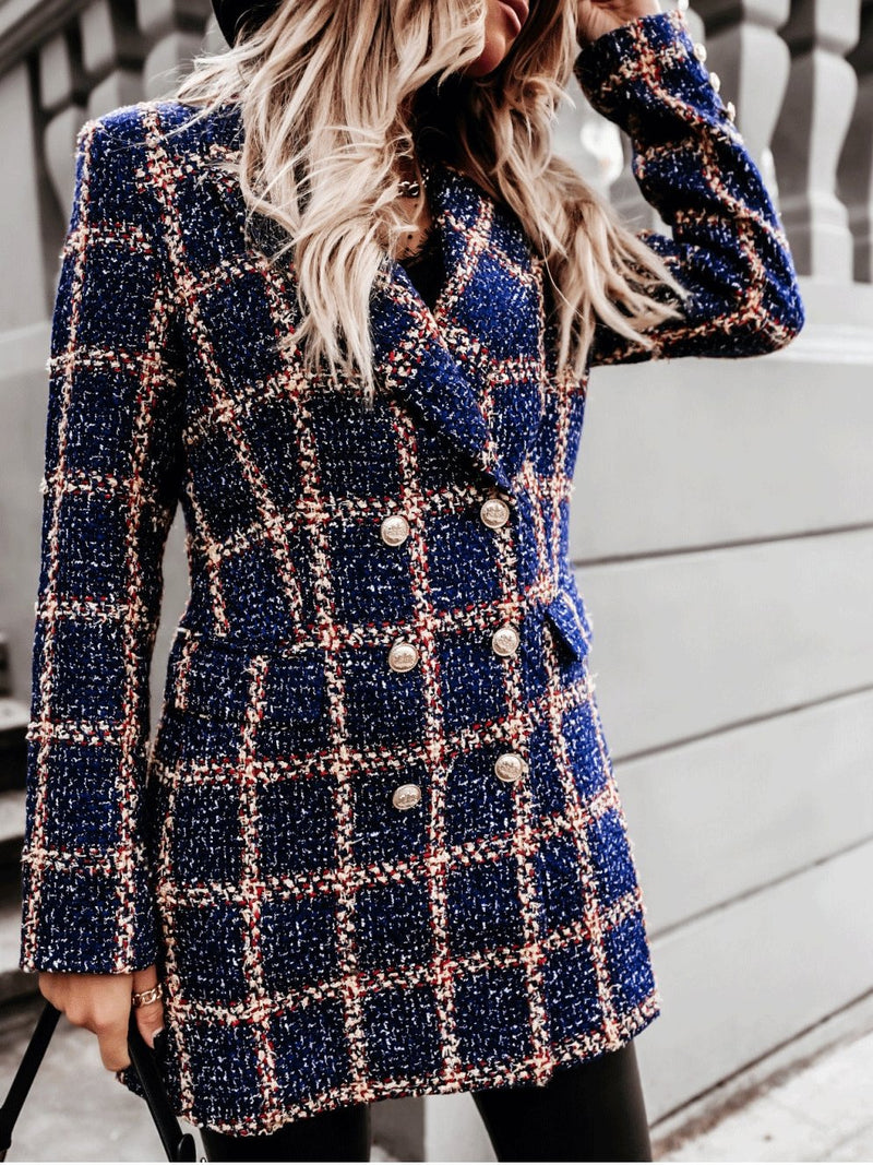 Women's Coats Lapel Double-Breasted Plaid Wool Coat - Coats & Jackets - INS | Online Fashion Free Shipping Clothing, Dresses, Tops, Shoes - 09/110/2021 - COA2110091196 - Coats & Jackets