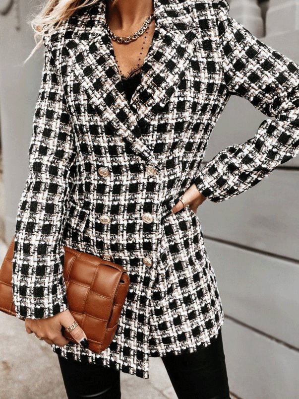 Women's Coats Lapel Double-Breasted Plaid Wool Coat - Coats & Jackets - INS | Online Fashion Free Shipping Clothing, Dresses, Tops, Shoes - 09/110/2021 - COA2110091196 - Coats & Jackets