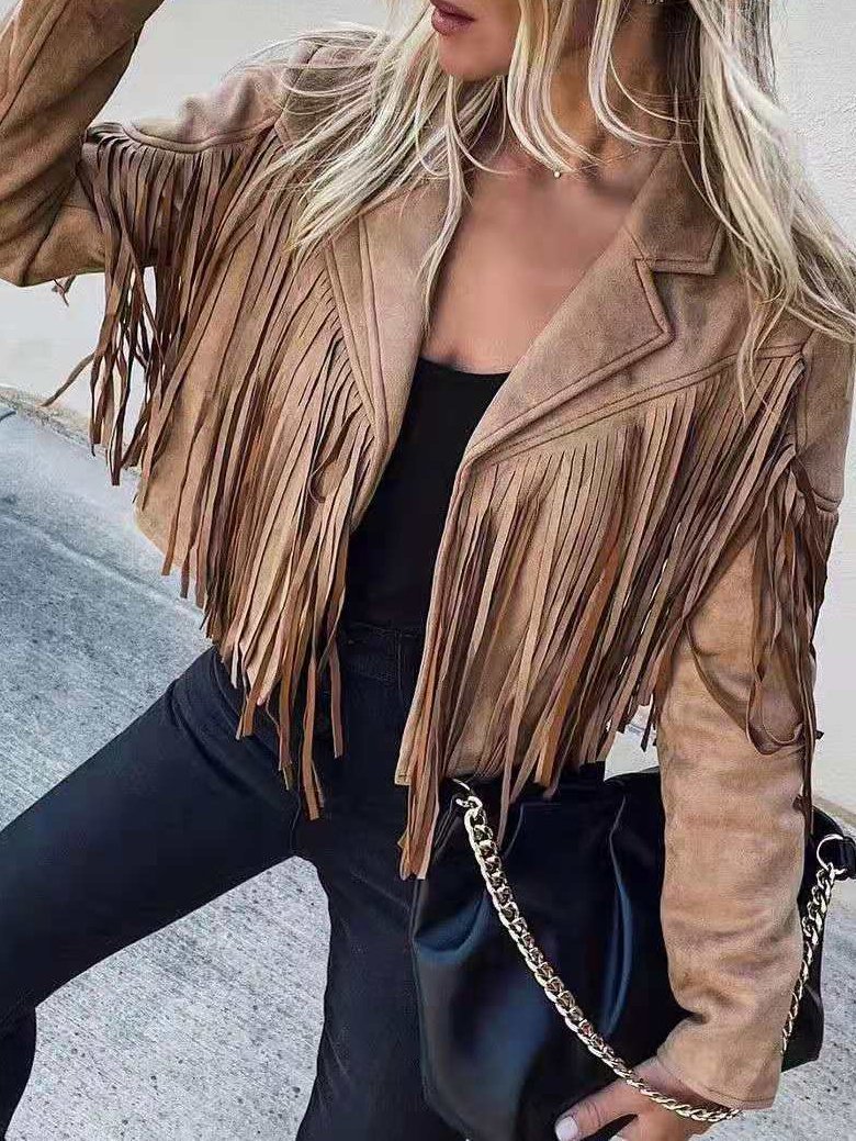 Women's Coats Lapel Fringe Long Sleeve Coat - Coats & Jackets - INS | Online Fashion Free Shipping Clothing, Dresses, Tops, Shoes - 10/11/2021 - 40-50 - COA2111111294