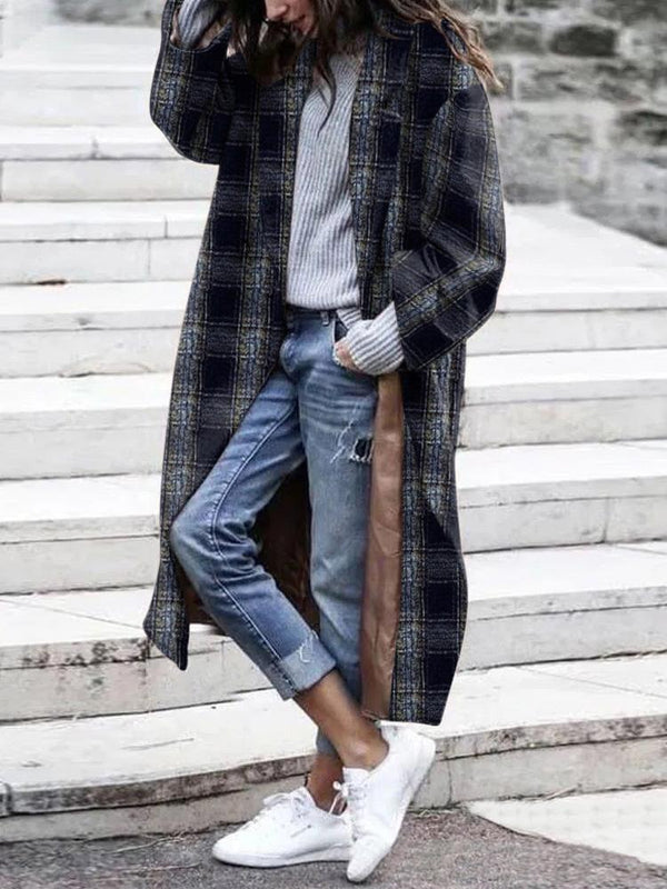 Women's Coats Lapel Plaid Long Sleeve Long Coat - Coats & Jackets - Instastyled | Online Fashion Free Shipping Clothing, Dresses, Tops, Shoes - 10/12/2021 - COA2112101354 - Coats & Jackets