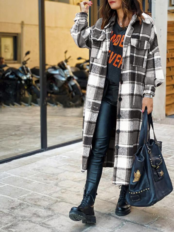 Women's Coats Lapel Plaid Slit Long Woolen Coat - Coats & Jackets - INS | Online Fashion Free Shipping Clothing, Dresses, Tops, Shoes - 16/11/2021 - COA2111161308 - Coats & Jackets