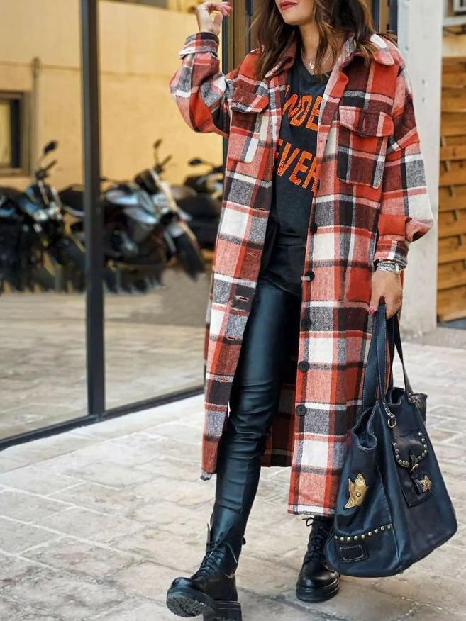 Women's Coats Lapel Plaid Slit Long Woolen Coat - Coats & Jackets - INS | Online Fashion Free Shipping Clothing, Dresses, Tops, Shoes - 16/11/2021 - COA2111161308 - Coats & Jackets