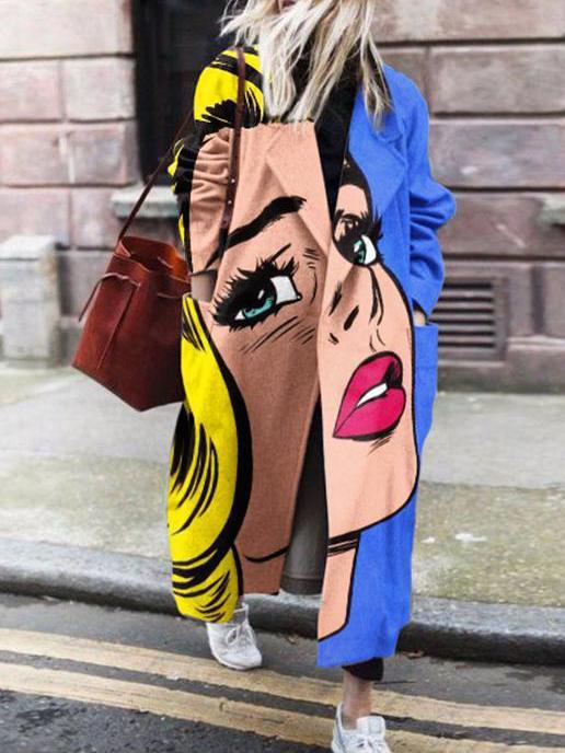 Women's Coats Long Sleeve Lapel Anime Face Print Woolen Coat - Coats & Jackets - INS | Online Fashion Free Shipping Clothing, Dresses, Tops, Shoes - 19/10/2021 - Coats & Jackets - color-blue