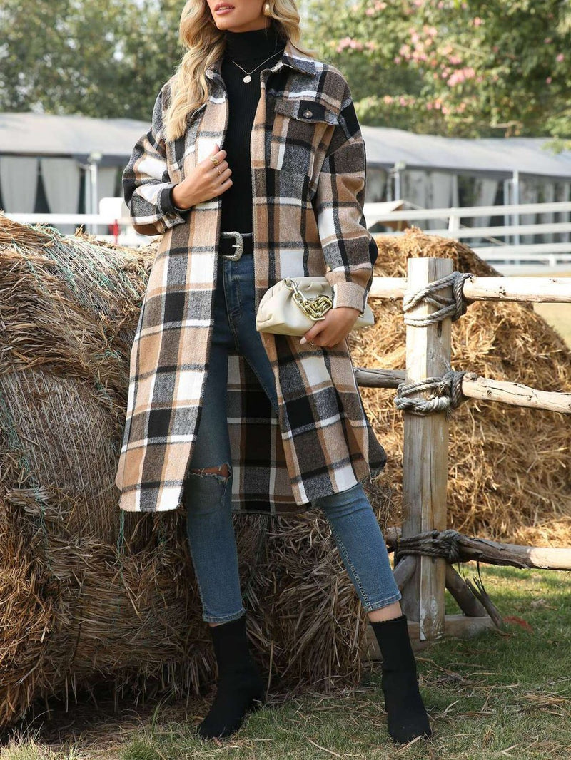 Women's Coats Long Sleeve Side Slit Lapel Woolen Plaid Shirt Long Coat - Coats & Jackets - INS | Online Fashion Free Shipping Clothing, Dresses, Tops, Shoes - 08/10/2021 - 40-50 - COA2110081195