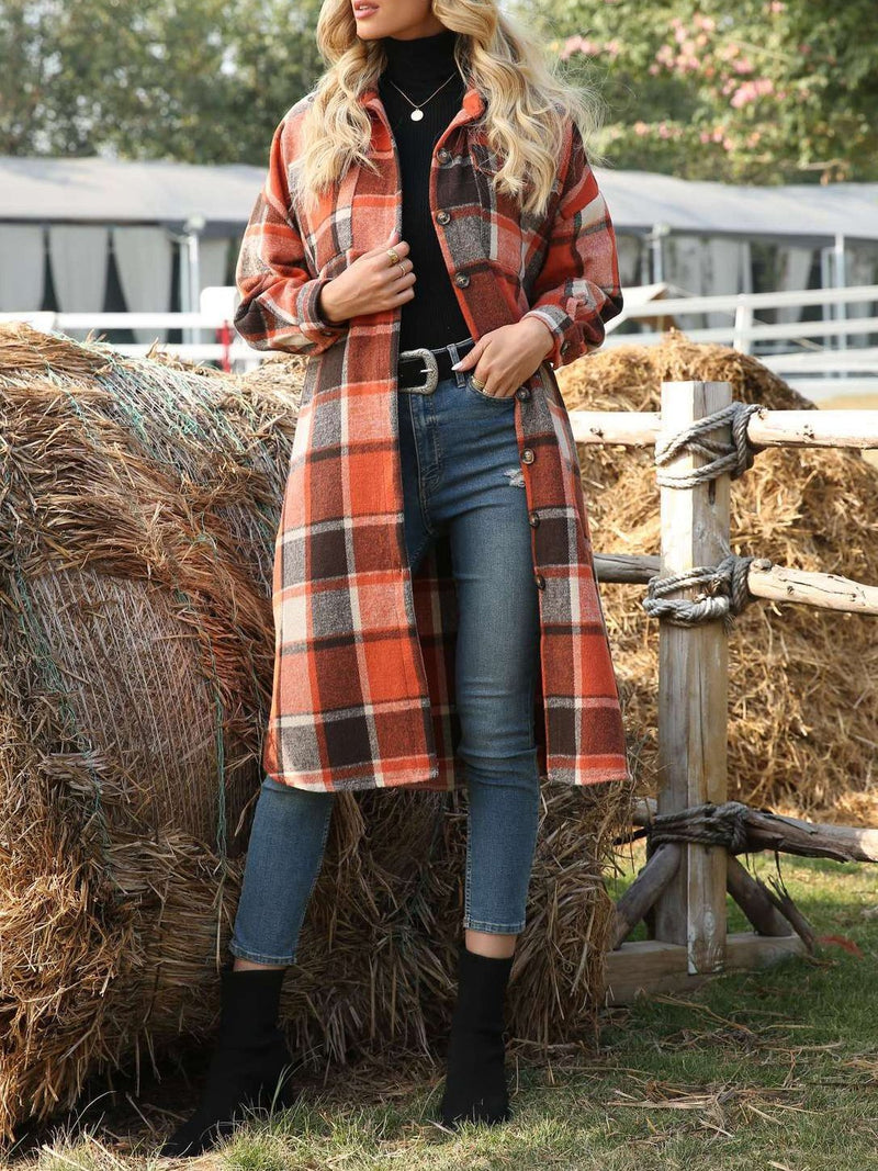 Women's Coats Long Sleeve Side Slit Lapel Woolen Plaid Shirt Long Coat - Coats & Jackets - INS | Online Fashion Free Shipping Clothing, Dresses, Tops, Shoes - 08/10/2021 - 40-50 - COA2110081195