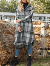 Women's Coats Long Sleeve Side Slit Lapel Woolen Plaid Shirt Long Coat - Coats & Jackets - INS | Online Fashion Free Shipping Clothing, Dresses, Tops, Shoes - 08/10/2021 - 40-50 - COA2110081195