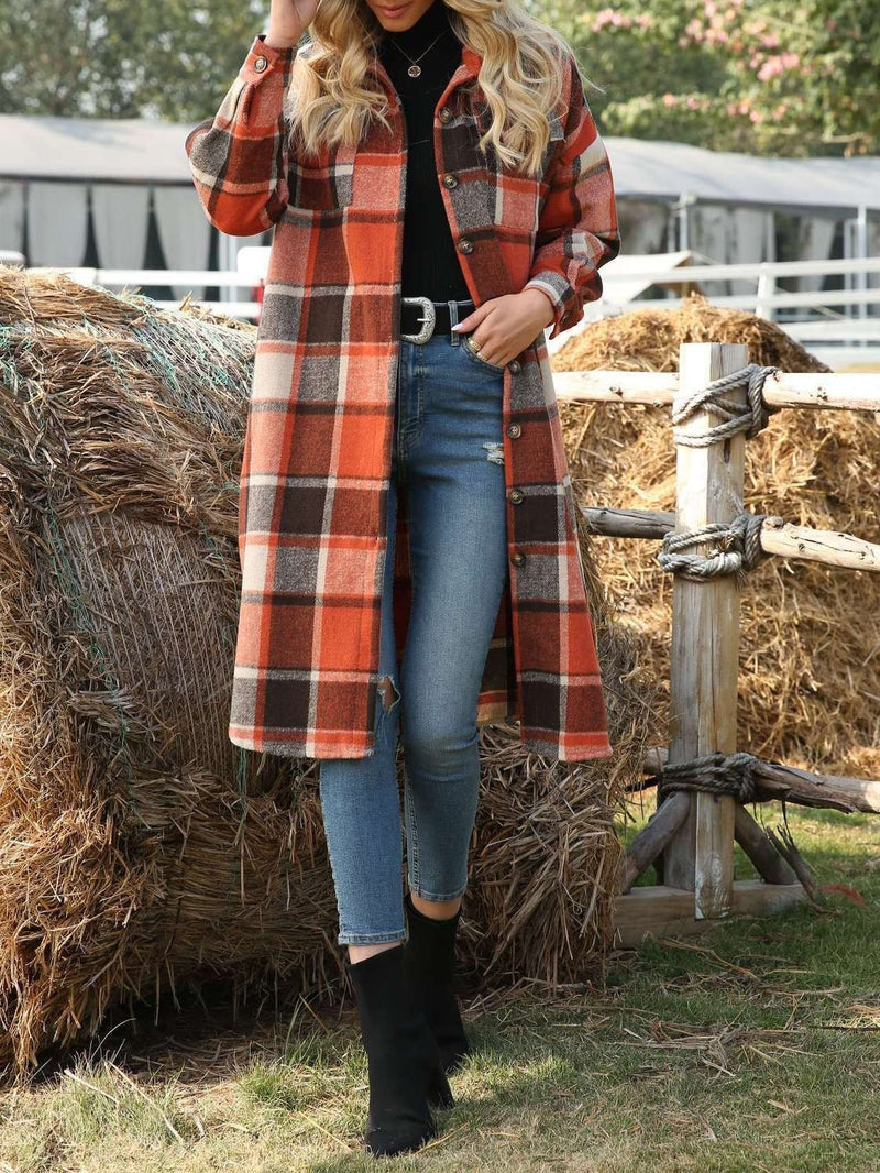 Women's Coats Long Sleeve Side Slit Lapel Woolen Plaid Shirt Long Coat - Coats & Jackets - INS | Online Fashion Free Shipping Clothing, Dresses, Tops, Shoes - 08/10/2021 - 40-50 - COA2110081195