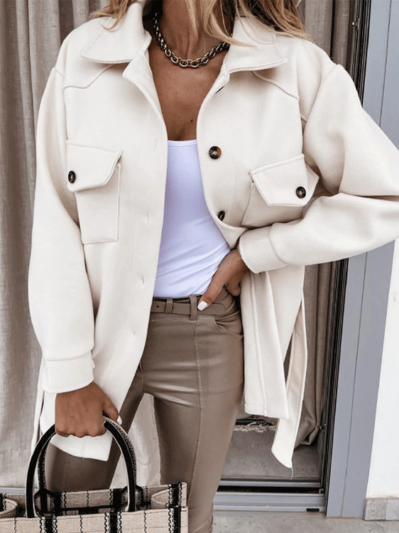 Women's Coats Long Sleeve Solid Lapel Button Belted Woolen Coat - Coats & Jackets - INS | Online Fashion Free Shipping Clothing, Dresses, Tops, Shoes - 29/09/2021 - 30-40 - COA2109291173