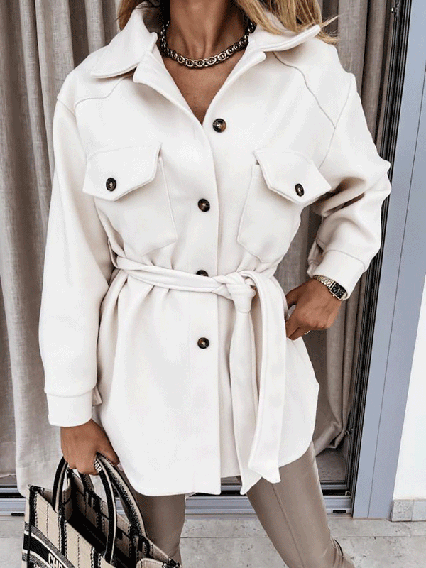 Women's Coats Long Sleeve Solid Lapel Button Belted Woolen Coat - Coats & Jackets - INS | Online Fashion Free Shipping Clothing, Dresses, Tops, Shoes - 29/09/2021 - 30-40 - COA2109291173