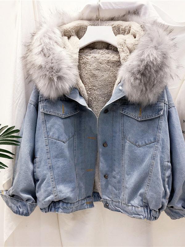 Women's Coats Loose Fur Collar Pocket Buttons Denim Coat - Coats & Jackets - INS | Online Fashion Free Shipping Clothing, Dresses, Tops, Shoes - 14/09/2021 - COA2109141144 - Coats & Jackets