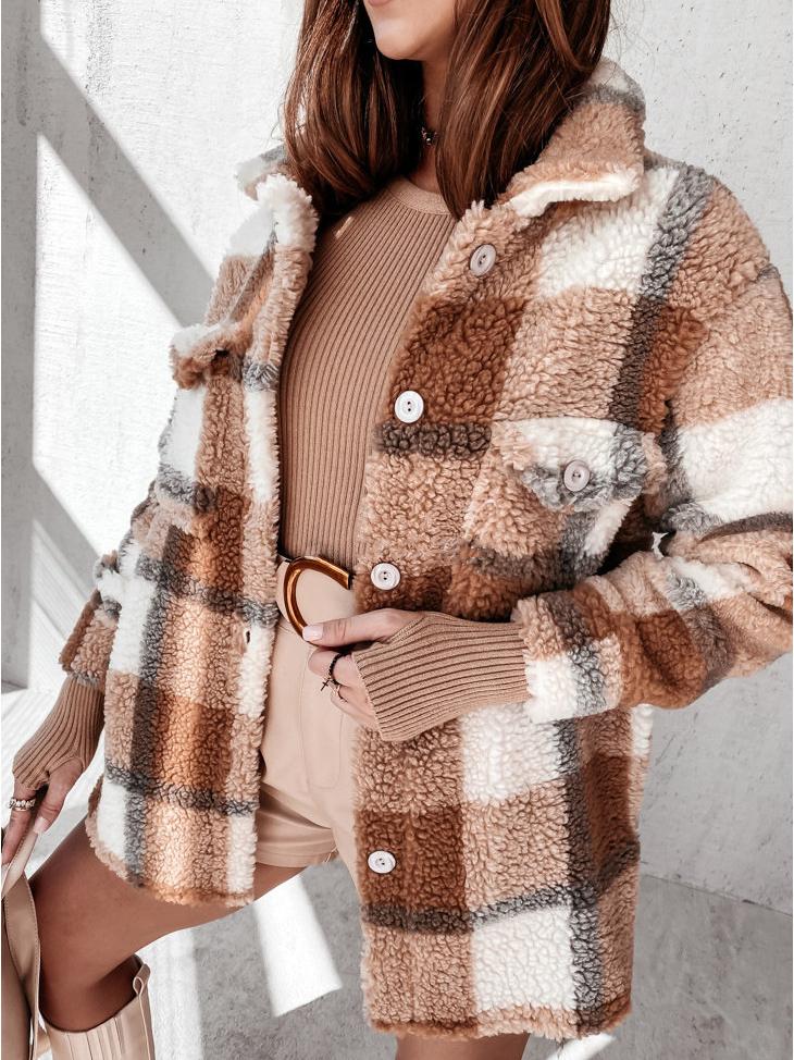 Women's Coats Plaid Button Pocket Long Sleeve Fur Coat - Coats & Jackets - INS | Online Fashion Free Shipping Clothing, Dresses, Tops, Shoes - 24/11/2021 - COA2111241331 - Coats & Jackets