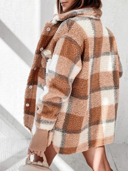 Women's Coats Plaid Button Pocket Long Sleeve Fur Coat - Coats & Jackets - INS | Online Fashion Free Shipping Clothing, Dresses, Tops, Shoes - 24/11/2021 - COA2111241331 - Coats & Jackets