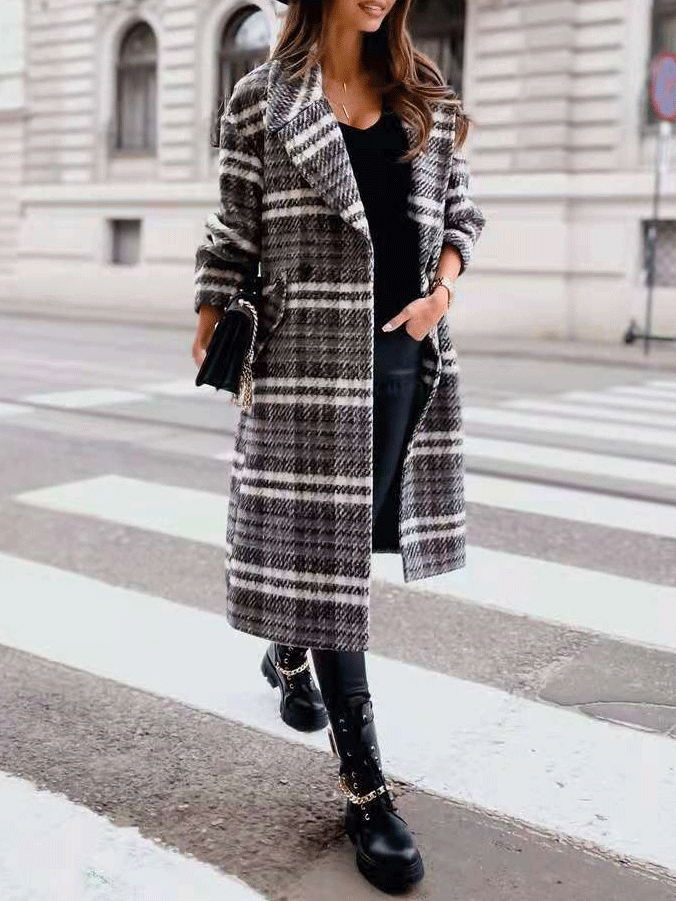 Women's Coats Plaid Lapel Long Woolen Coat - Coats & Jackets - INS | Online Fashion Free Shipping Clothing, Dresses, Tops, Shoes - 21/10/2021 - 40-50 - COA2110211240