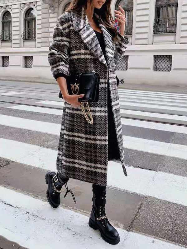 Women's Coats Plaid Lapel Long Woolen Coat - Coats & Jackets - INS | Online Fashion Free Shipping Clothing, Dresses, Tops, Shoes - 21/10/2021 - 40-50 - COA2110211240